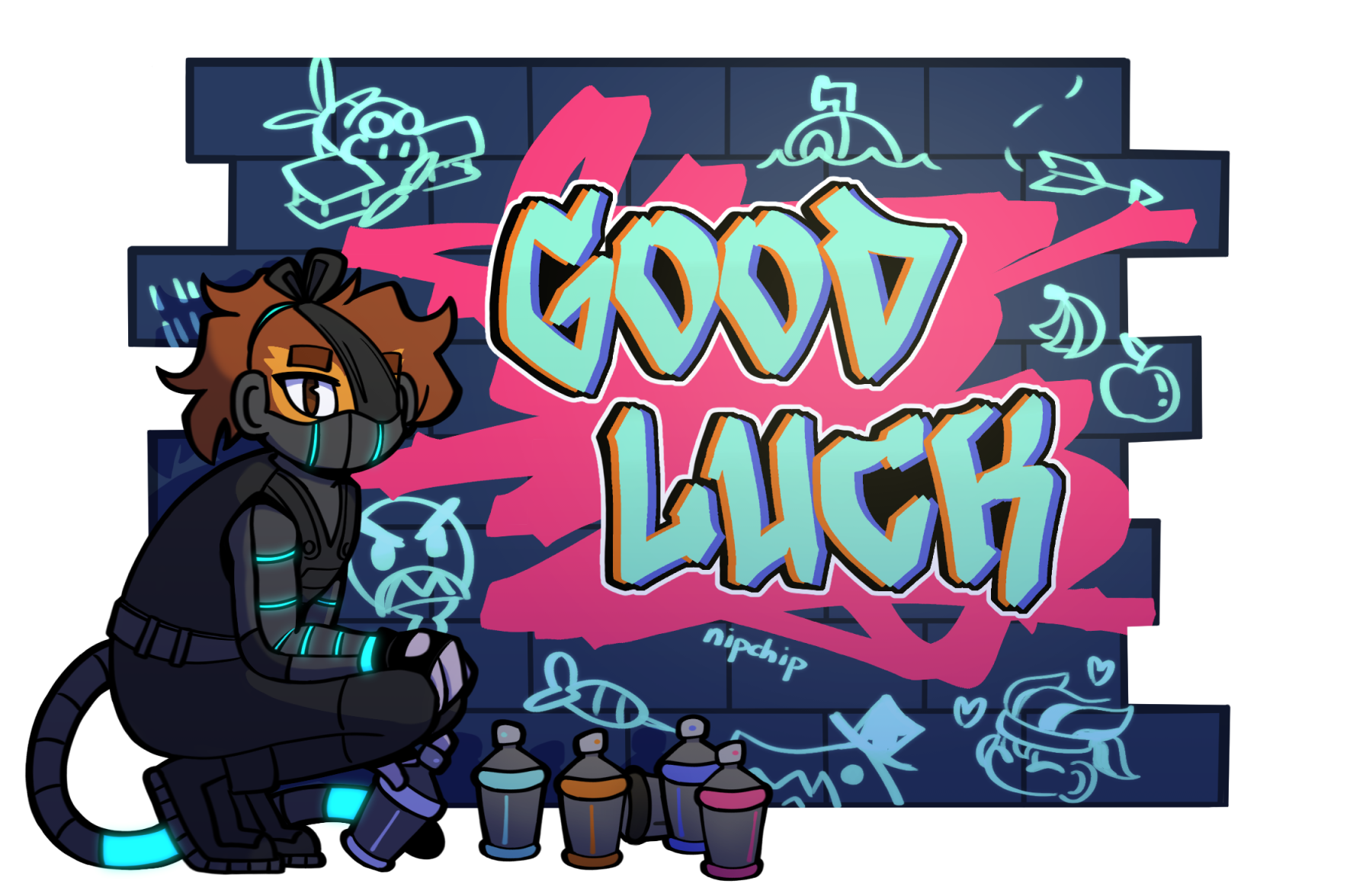 Quincy squatting in the front of a blue brick wall. Five spray paint cans near his feet. The words 'good luck' is on the wall in graffiti text style, surrounded by silly doodles.